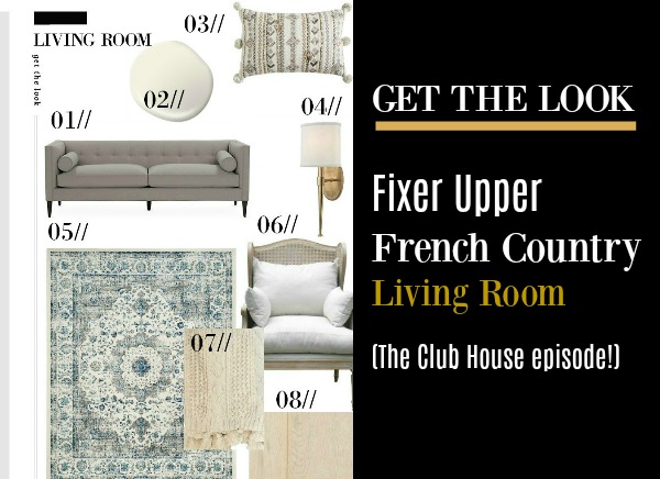 The French country living room in Fixer Upper's Club House episode has wonderful design, and you can get the look here!