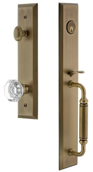 Vintage brass Grandeur French inspired handleset with glass knob - a sophisticated hardware option for French country homes.