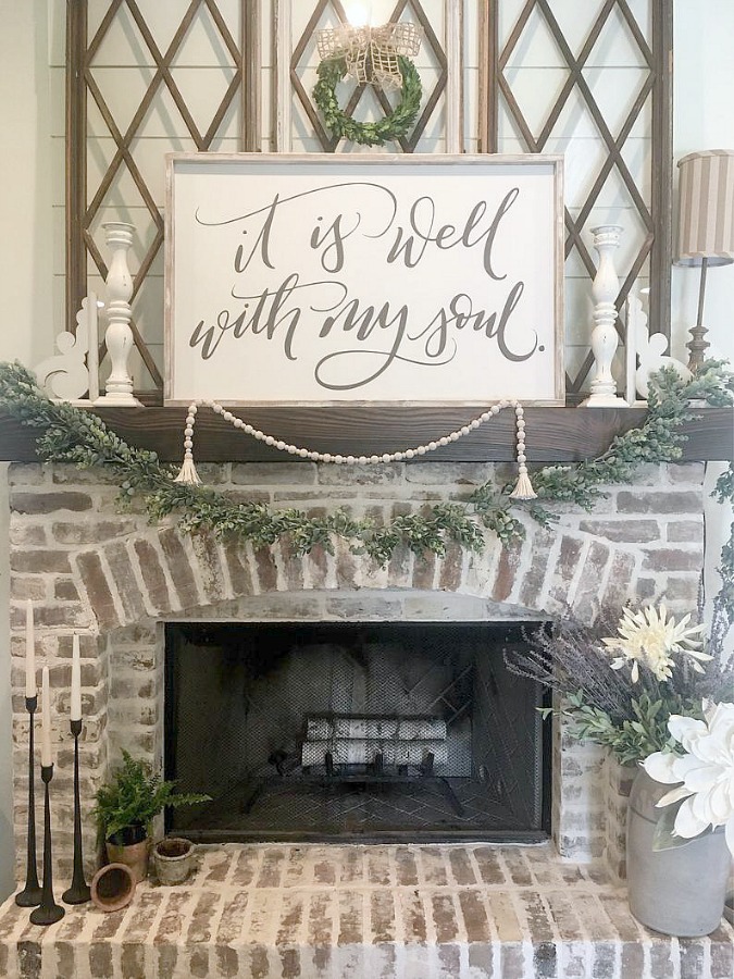 It is well with my soul rustic farmhouse sign on fireplace mantel. #mantelscape