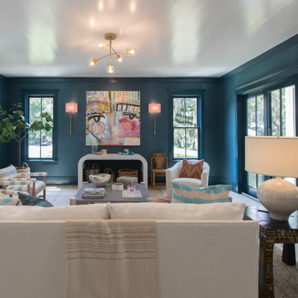 Living room with bold teal walls in Modern Coastal Cottage Interior Design Inspiration in 2018 Coastal Living Idea House. Design by Jenny Keenan and architecture by Eric Moser.