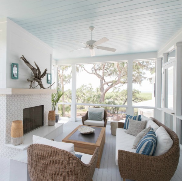 Screen porch with fireplace in Modern Coastal Cottage Interior Design Inspiration in 2018 Coastal Living Idea House. Design by Jenny Keenan and architecture by Eric Moser. Come feast on photos of beautiful interiors to inspire As Well As Classic Interior Design Inspiration. 