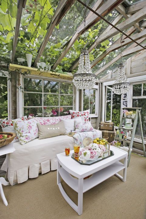 Gorgeous rustic luxe she shed by Heather Cameron with shabby chic decor, crystal chandelier, and construction made from vintage windows! Come explore She Shed Chic, Potting Shed & Backyard Inspiration.