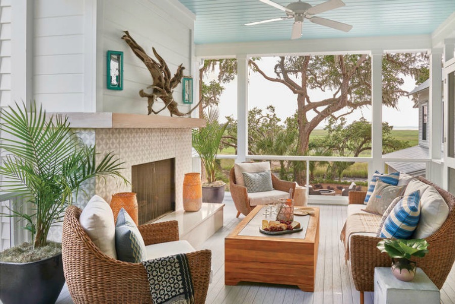 Coastal Living Idea House 2018 Screen Porch off living room designed by Jenny Keenan. Come see Contemporary Coastal Decor Ideas: Save or Splurge: Inspiration Photos and Decidedly Lovely Shopping Resources. 