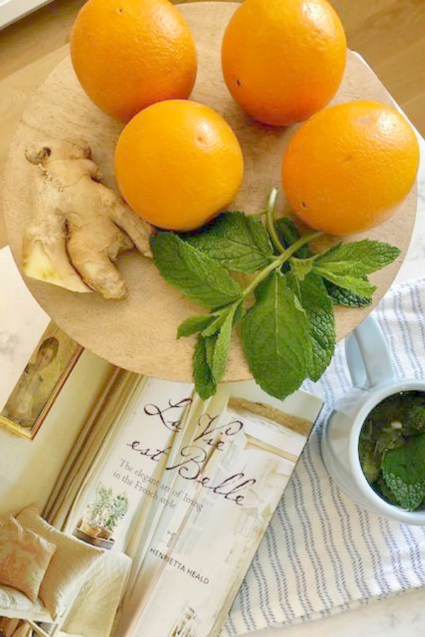 Ingredients for fresh mint tea in my white kitchen - Hello Lovely Studio.