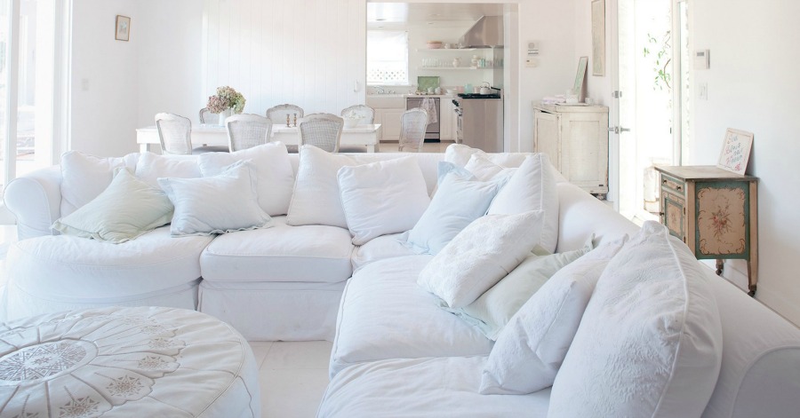 White sectional sofa. Shabby Chic Couture Design Inspiration from Rachel Ashwell!