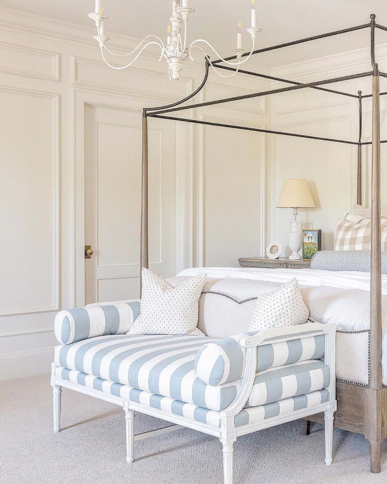 Elegant and traditional bedroom with steel canopy bed and buffalo check uholstery by Schumacher - The Fox Group. #interiordesign#bedroomdecor #thefoxgroup #traditionalstyle #bedroomdesign #canopybeds #buffalocheck