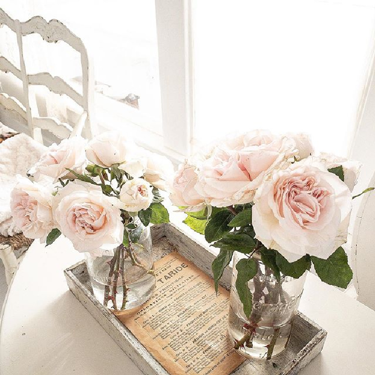 Country French Nordic Interior design, antiques, and all white decor in a lovely cottage by My Petite Maison. #frenchnordic #scandinavian #whitedecor #frenchcountry #cottagestyle #interiordesign