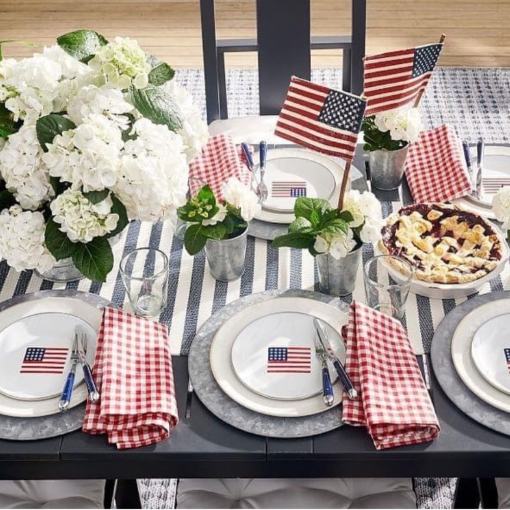 American flag tablescape for 4th of July with gingham linens - potterybarn