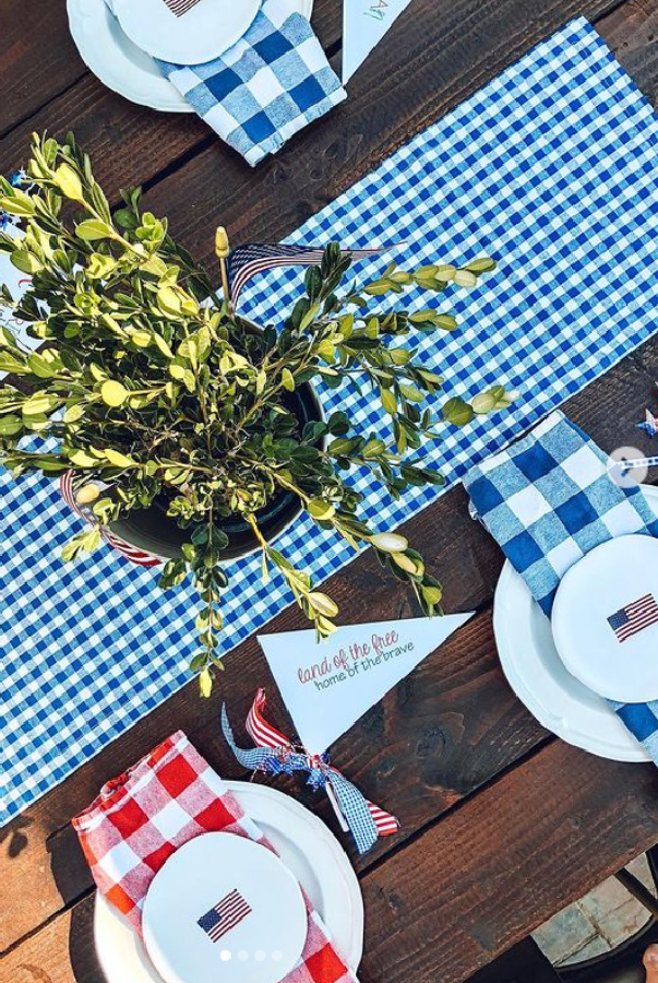 Cute July 4th tablescape with blue and red gingham and American flag plates from WS - @thistownandcountrylife. #tablescape #americanflag #gingham #countrytable #july4