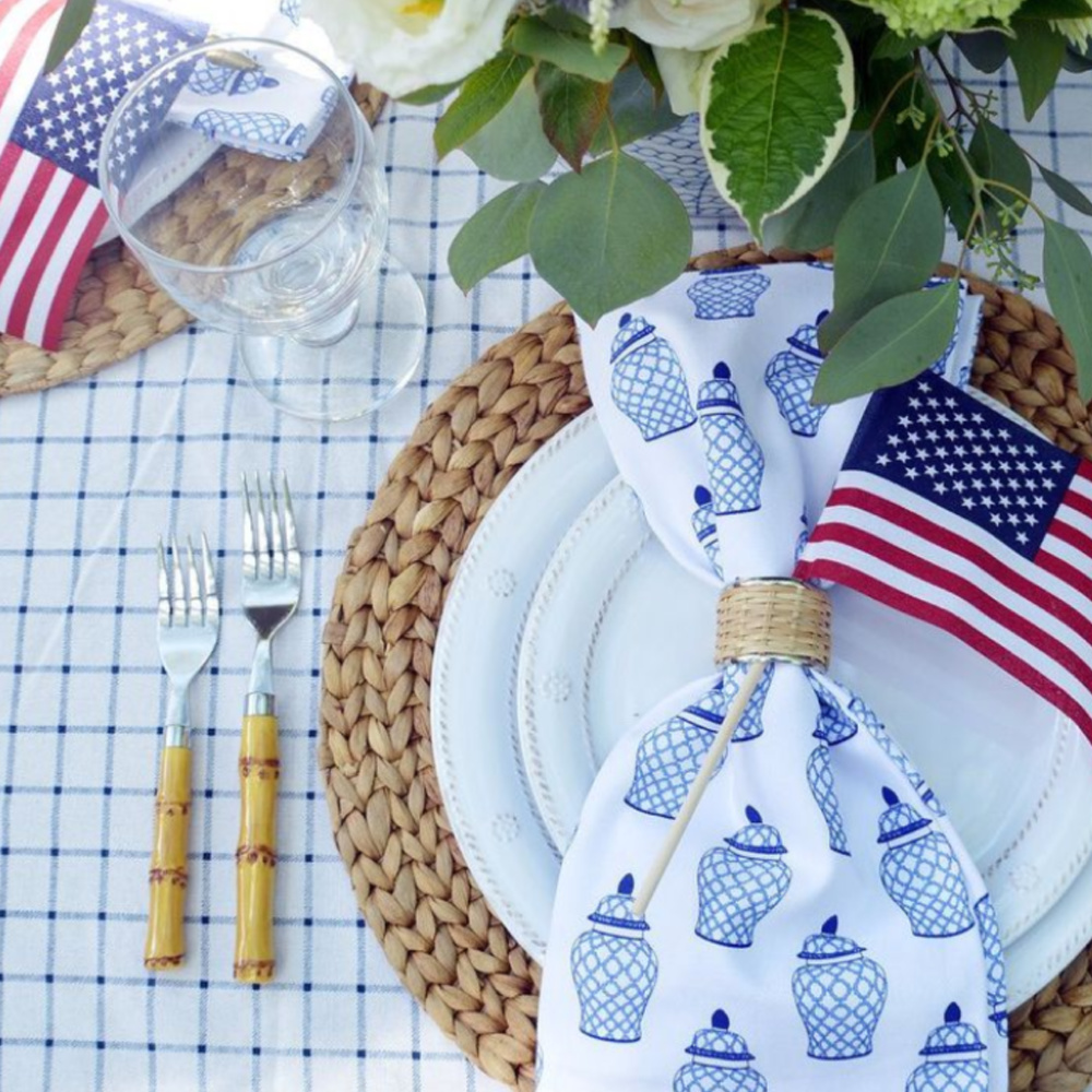 Darling blue and white ginger jar napkins play a starring role in this patriotic placesetting for July 4th by @whhostess!