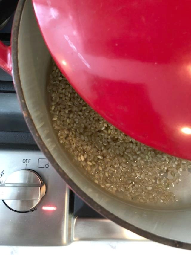 Whole grain brown rice cooking in a red cast iron dutch oven - Hello Lovely Studio.