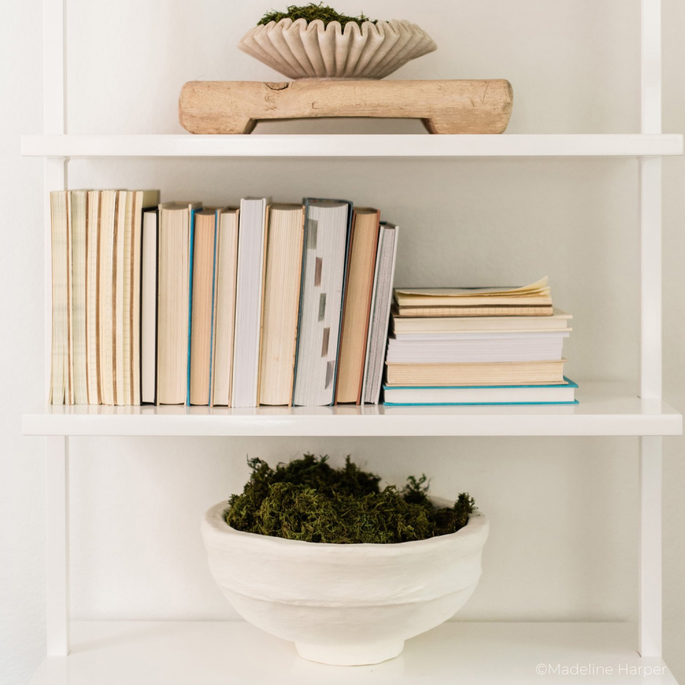 Shelves styled with rustic farmhouse decor accessories including papier mache bowl by Caribbean Craft for Bloomist. #papermachebowls #papiermache #rusticdecor #handmadedecor