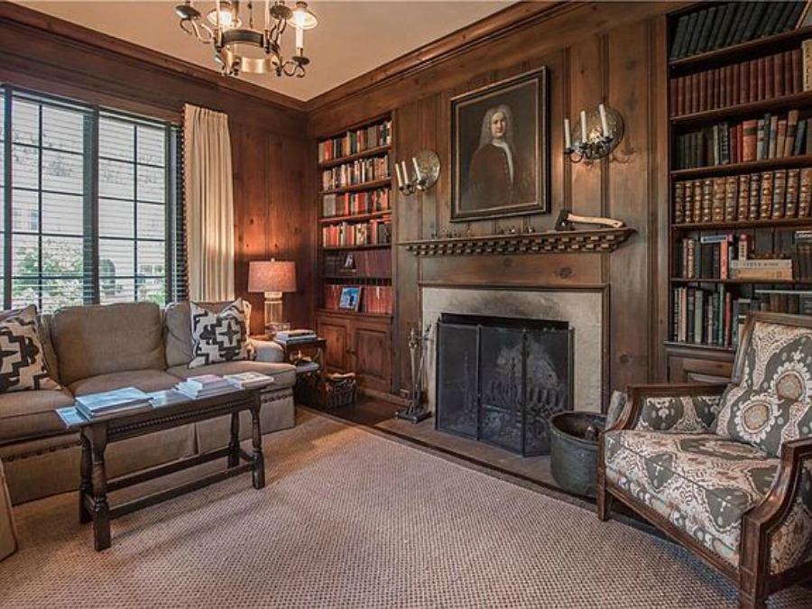 Paneling on walls in den of an elegant historic home with Old World style and beautifully classic European inspired interiors in Marietta Georgia was built for the Kennedy-DuPre family. See more in Traditional Style House Tour: 1935 English Tudor on Hello Lovely Studio.