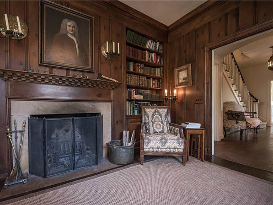 Paneled den in an elegant historic home with Old World style and beautifully classic European inspired interiors in Marietta Georgia was built for the Kennedy-DuPre family. . See more  English Tudor Interior Design Inspiration from this European Country Master Suite & Dining Room Design Inspiration on Hello Lovely Studio.