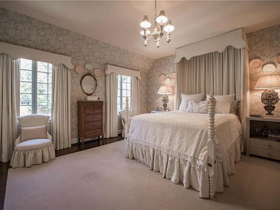 White bedroom in an elegant historic home with Old World style and beautifully classic European inspired interiors in Marietta Georgia was built for the Kennedy-DuPre family. See more in Traditional Style House Tour: 1935 English Tudor on Hello Lovely Studio.