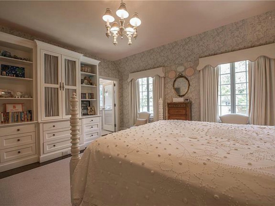 White bedroom in an elegant historic home with Old World style and beautifully classic European inspired interiors in Marietta Georgia was built for the Kennedy-DuPre family. See more in Traditional Style House Tour: 1935 English Tudor on Hello Lovely Studio.