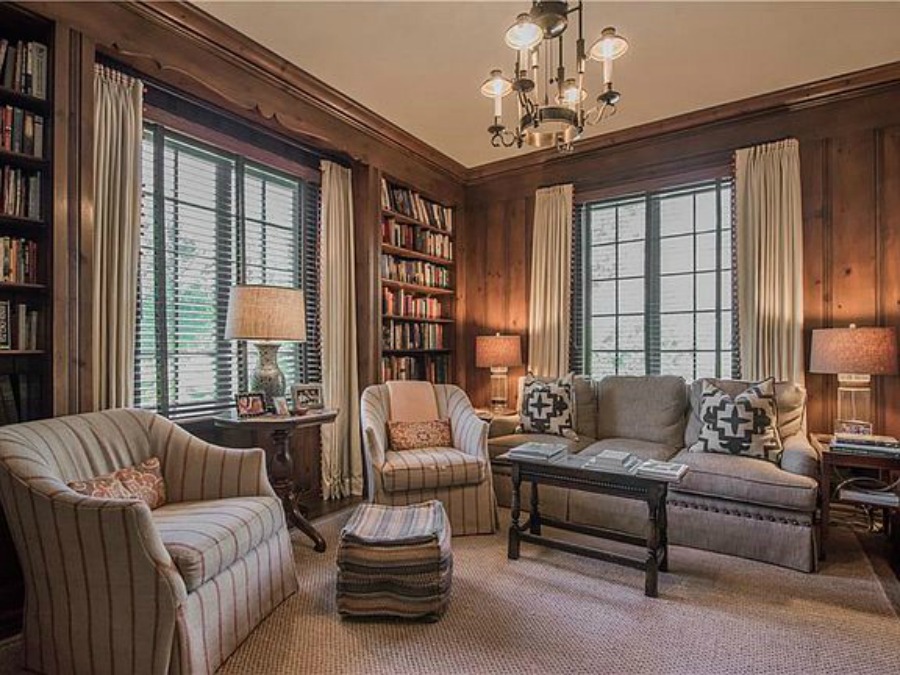 Den in an elegant historic home with Old World style and beautifully classic European inspired interiors in Marietta Georgia was built for the Kennedy-DuPre family. See more in Traditional Style House Tour: 1935 English Tudor on Hello Lovely Studio.