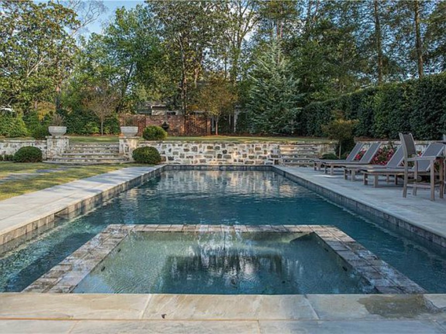 Beautiful pool at an elegant historic home with Old World style and beautifully classic European inspired interiors in Marietta Georgia was built for the Kennedy-DuPre family. European country designed home in Georgia...certainly lovely indeed.