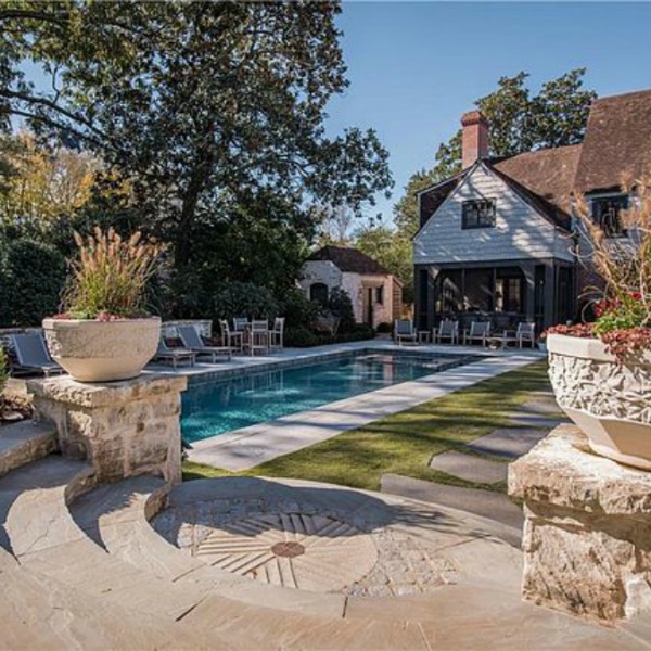 Amazing pool at an elegant historic home with Old World style and beautifully classic European inspired interiors in Marietta Georgia was built for the Kennedy-DuPre family. European country designed home in Georgia...certainly lovely indeed.