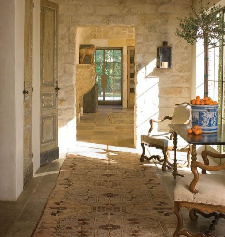 Chateau Domingue antiques and reclaimed stone in a breathtaking Houston home with interior design by Pamela Pierce. #chateaudomingue #frenchfarmhouse #interiordesign #oldworld #pamelapierce #reclaimedstone