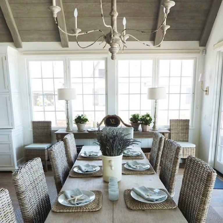 Sophisticated, rustic, and coastal French dining area in a Malibu home by Giannetti Home. #frenchfarmhouse #coastal #interiordesign #rusticelegance #oldworld #whiteoak