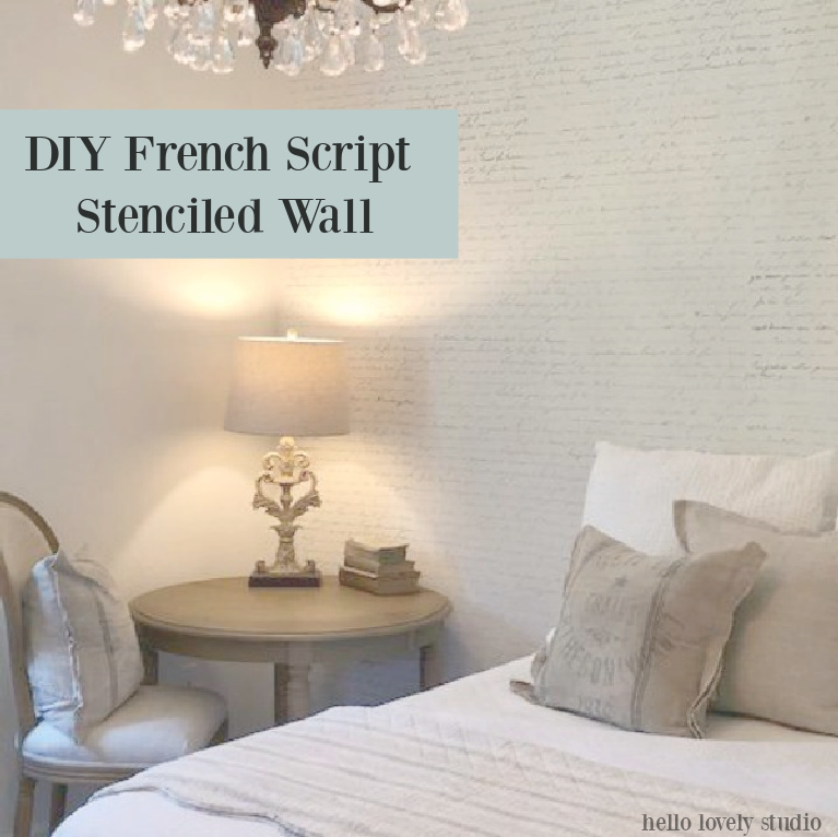 DIY French Script Stenciled Wall - Hello Lovely Studio. #stencils #frenchscript #accentwall #statementwall #diy #homedecor #bedroomdecor