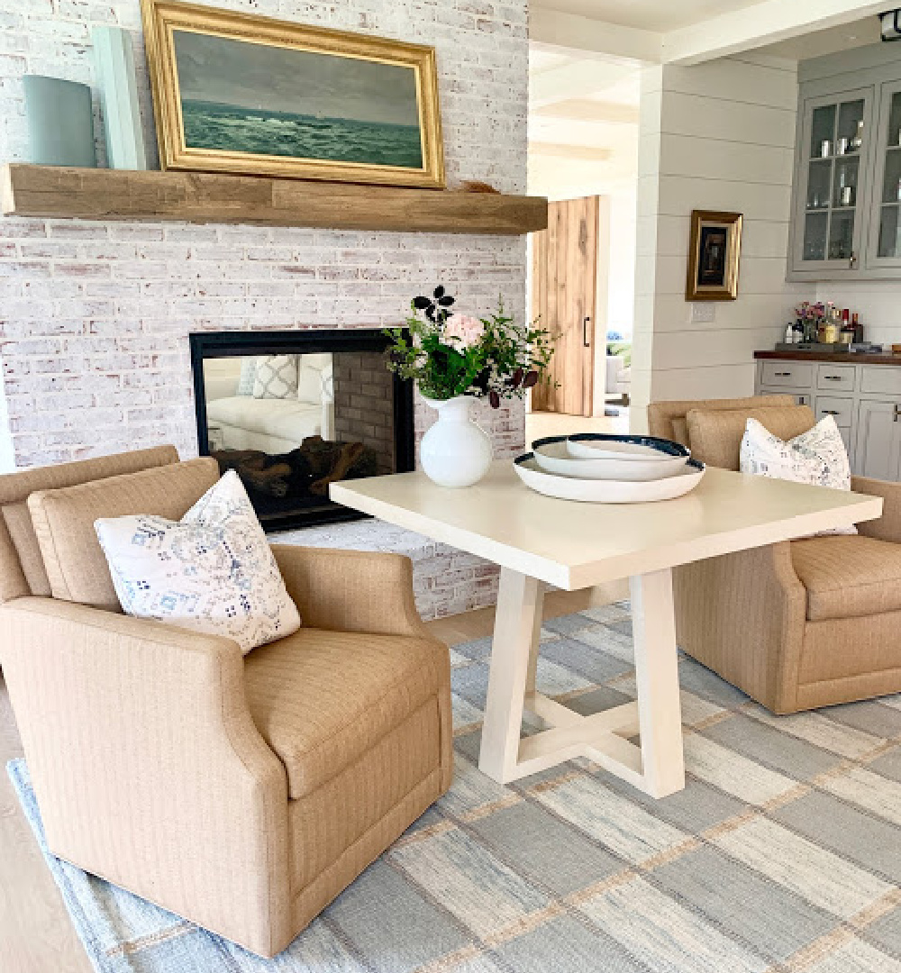 A gorgeous hearth room area in a Nantucket home with interior design by Sherry Hart.