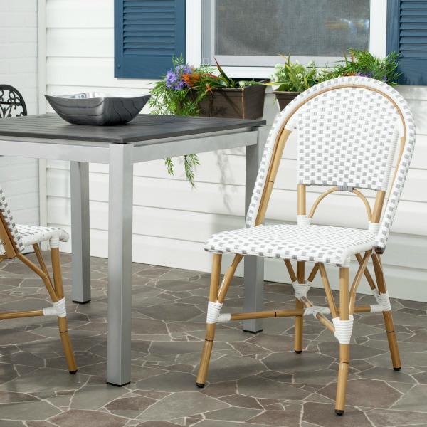Grey and white stacking bistro chairs