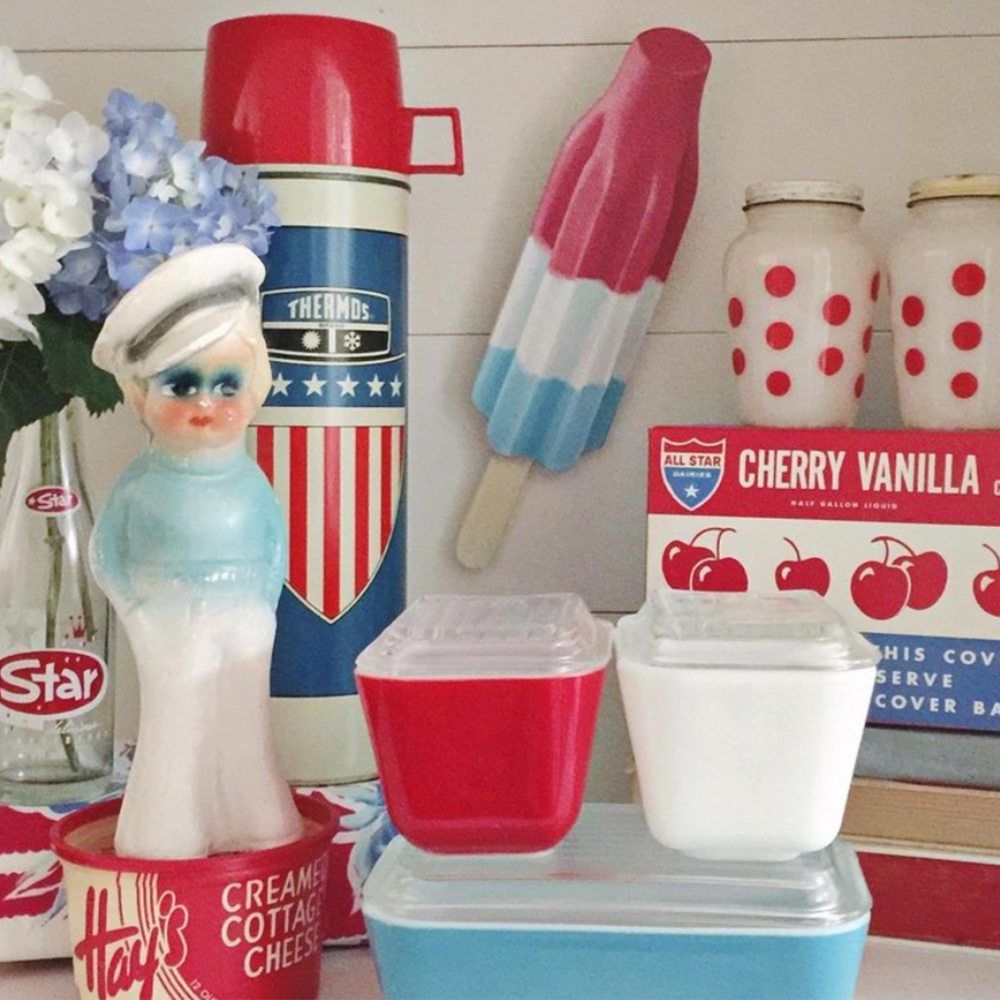 Darling and whimsical vintage wares in cheerful red, white, and blue summer style (bomb pop, thermos, polka dots, oh my!) - @cherishedvintage #july4th #vintage #redwhiteblue