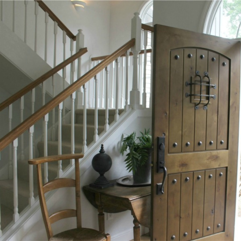 Knotty alder front door with speakeasy in our European country inspired cottage. #hellolovelystudio #knottyalder #frontdoors #exteirordoors #europeancountry #frenchcountry #entry