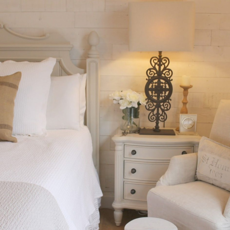 Revere Pewter (Benjamin Moore) painted bedroom furniture in Hello Lovely's French country cottage bedroom with Stikwood (hamptons) statement wall. #reverepewter