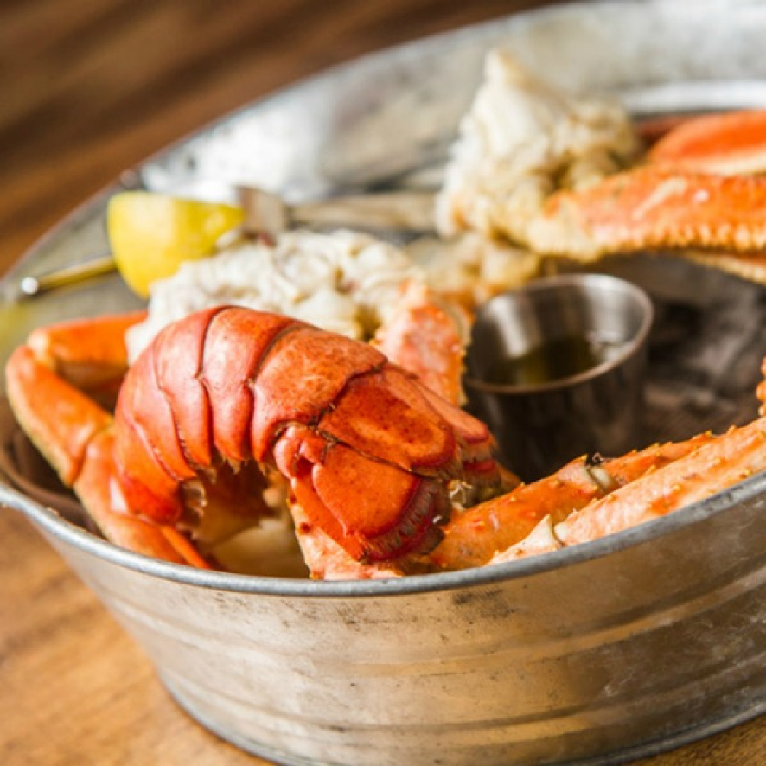 Galvanized bucket of crab legs at Charleston Crab House.