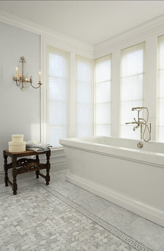 Horizon by Benjamin Moore - this paint color on the walls of a bath designed by Murphy Co. Design.