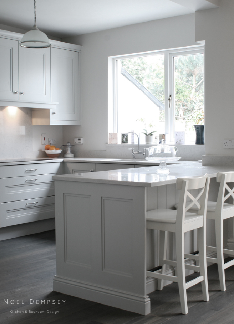 Farrow & Ball Pavilion Gray paint color on cabinets in an exquisite kitchen by Noel Dempsey. #paintcolors #farrowandball #paviliongray #graycabinets #graykitchens