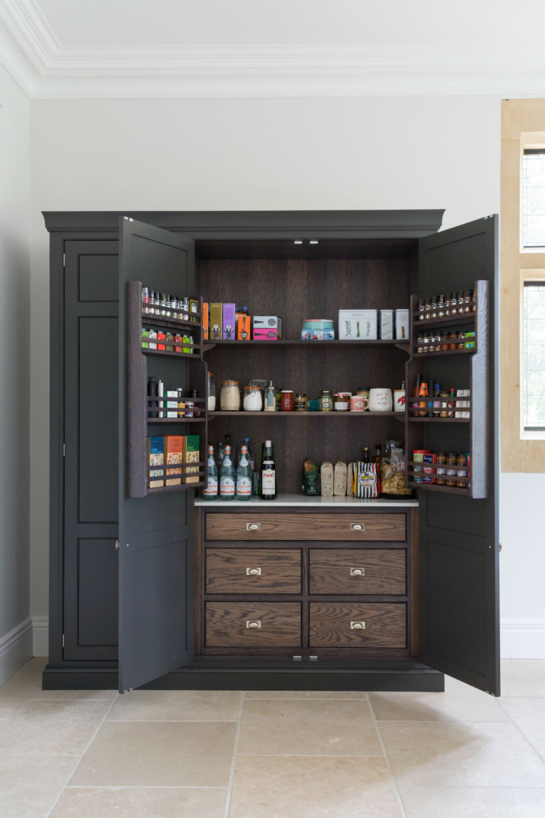 Railings by Farrow & Ball paint color on a bespoke kitchen cook's pantry- Humphrey Munson. #paintcolors #railings #farrowandball #pantry #kitchenpantry