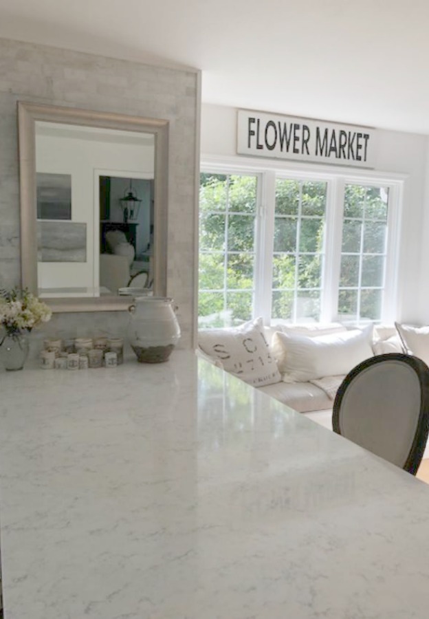 A mix of whites in my timelessly tranquil kitchen with European country decor, Viatera Minuet quartz, and Belgian linen - Hello Lovely Studio.