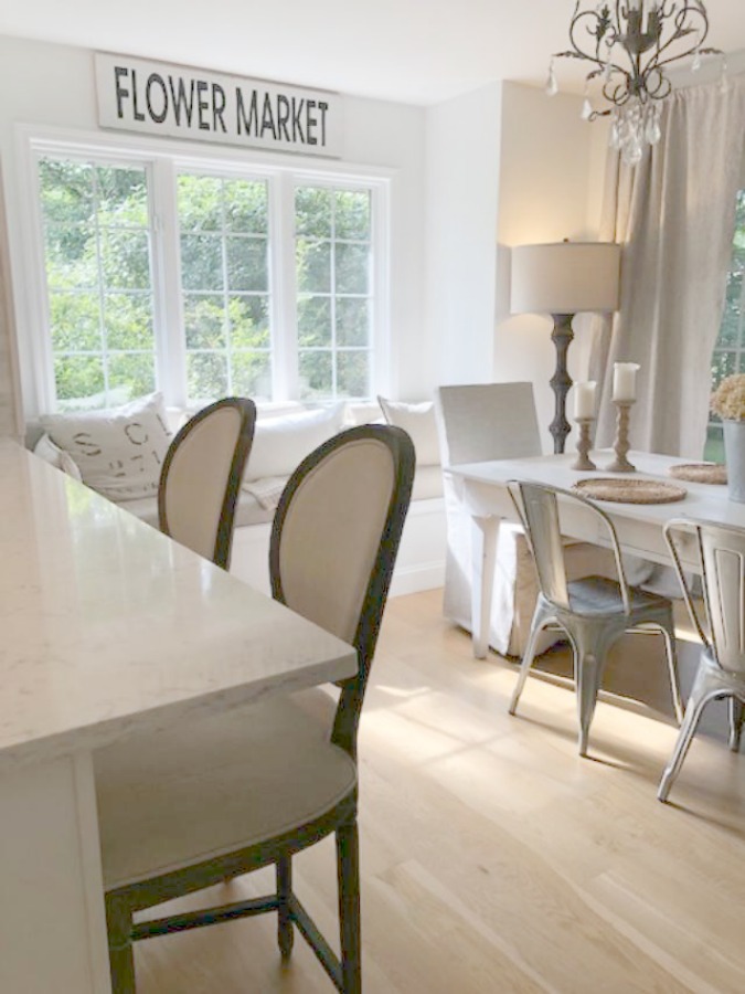 A mix of whites in my timelessly tranquil kitchen with European country decor, Viatera Minuet quartz, and Belgian linen - Hello Lovely Studio. COME SEE Timeless Kitchen Design Ideas and Decor to Freshen Your Traditional, Farmhouse, as well as French Country Kitchen.