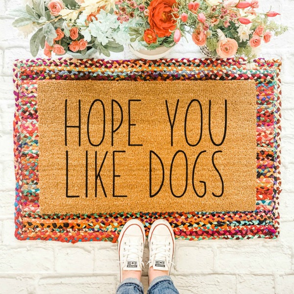 Layered doormat with "Hope You Like Dog" mat over a colorful braided rag rug...fall front door magic! #doglovers #layereddoormat