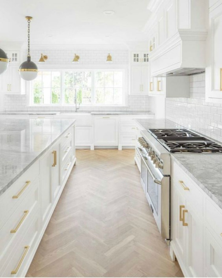 Timeless design, sophisticated decor, and exceptional architecture in this classic kitchen with herringbone flooring by The Fox Group.  Click through for 9 Tranquil, Traditional, Timeless Interior Design Ideas & Inspiring House Exteriors: The Fox Group!