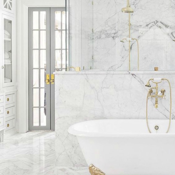 Timeless white marble luxurious bathroom by The Fox Group.  Click through for 9 Tranquil, Traditional, Timeless Interior Design Ideas & Inspiring House Exteriors: The Fox Group!