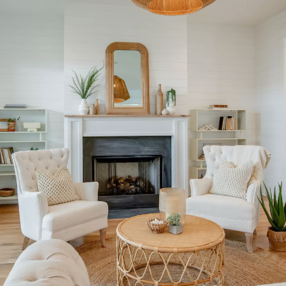 Casual cottage den with shiplap walls, fireplace, and natural organic accents in a Tennsee cottage.