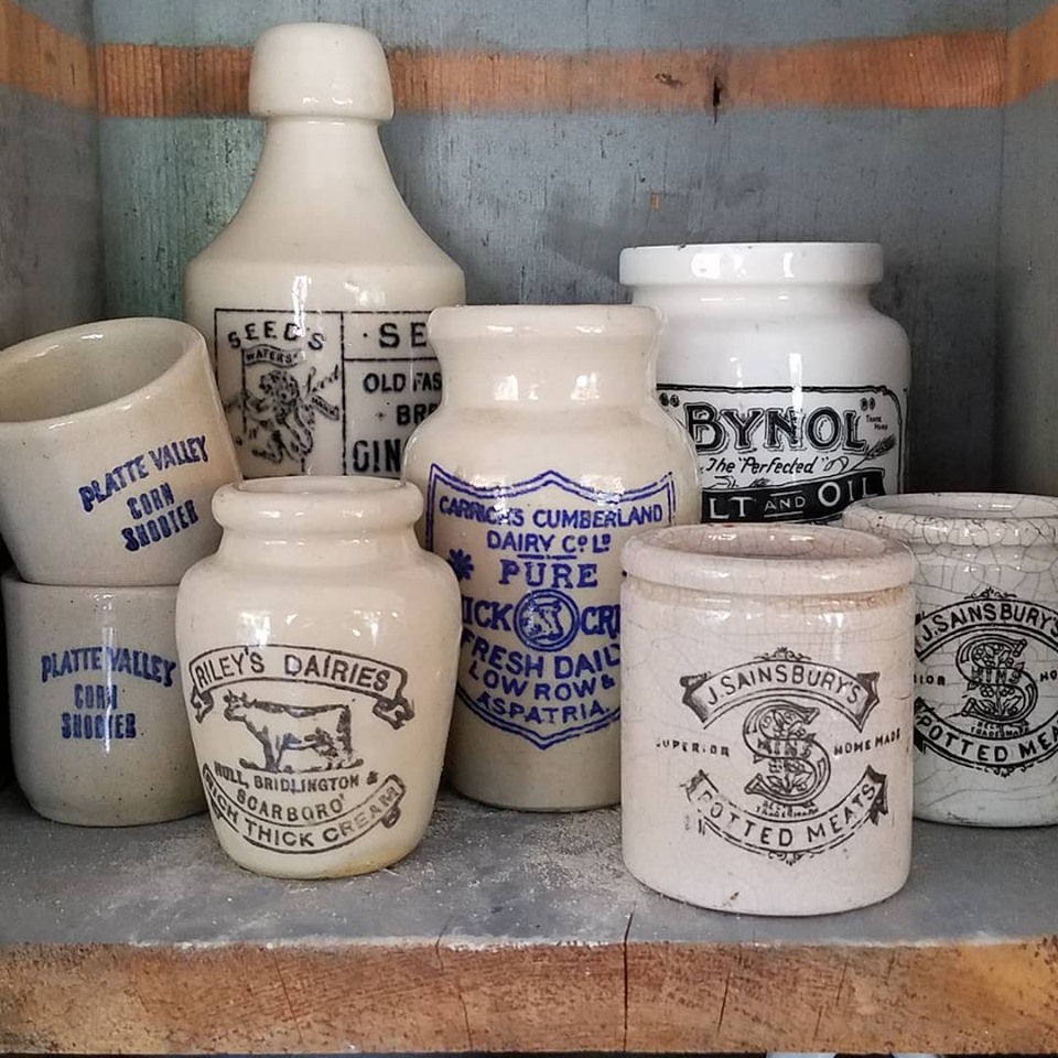 English stoneware crocks at Scarlett Scales Antiques.