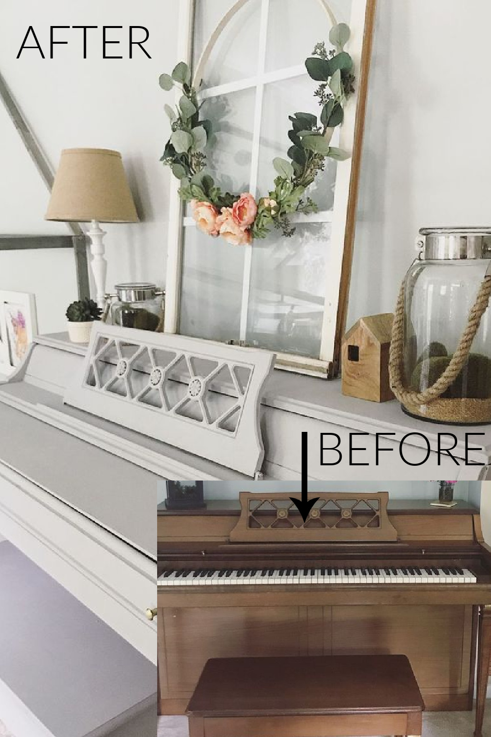 Rustoleum Aged Gray chalk paint transformed this upright piano beautifully - Emily Woods at Home. #rustoleumagedgray #chalkpaint #beforeafter #paintedpianos #paintcolors