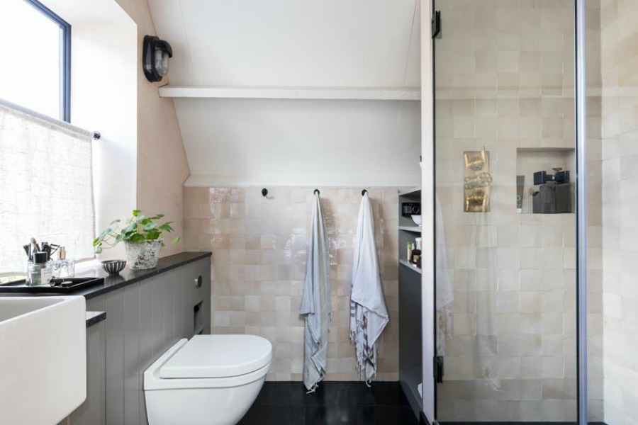 Zellige tiled bathroom in a classic English townhouse. Stunning and soulful space designed by Imperfect Interiors in the UK - this East Dulwich Industrial Conversion sings!