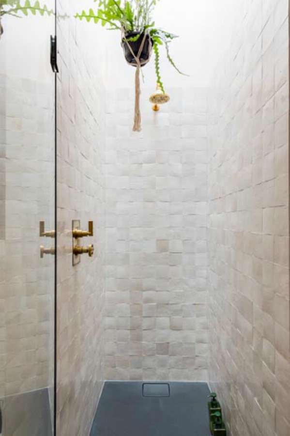 Zellige tiled shower. Stunning and soulful space designed by Imperfect Interiors in the UK - this East Dulwich Industrial Conversion sings!