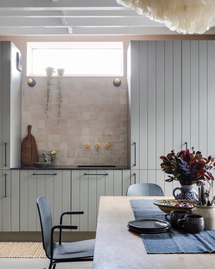 Classic and traditional bespoke kitchen with blue grey cabinets, zellige tile, and design by Imperfect Interiors. #kitchendesign #bespokekitchen #englishkitchen #englishcountry