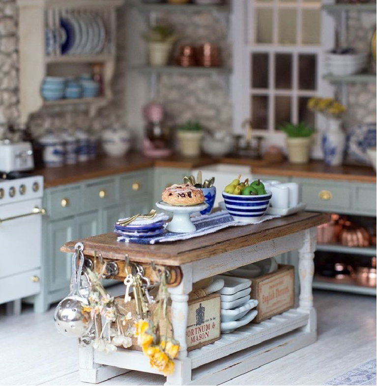 Farrow & Ball Blue Gray on kitchen cabinets of this charming kitchen in a dollhouse by Wildwood Miniatures! #farrowandballbluegray #paintcolors #graypaintcolors