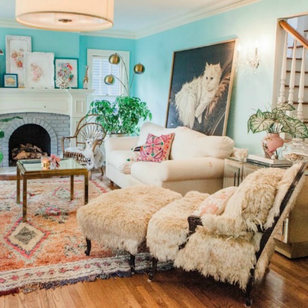 Living room. Be inspired by this photo gallery of vibrant colorful beachy boho interior design from artist Jenny Sweeney's Chicagoland home. Her art has been lifting spirits and opening hearts to wonder - see how it lives large in a charming suburban Tudor!