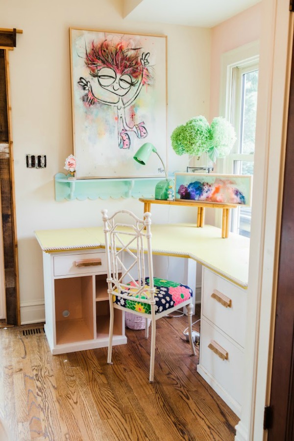 Office nook. Be inspired by this photo gallery of vibrant colorful beachy boho interior design from artist Jenny Sweeney's Chicagoland home. Her art has been lifting spirits and opening hearts to wonder - see how it lives large in a charming suburban Tudor!