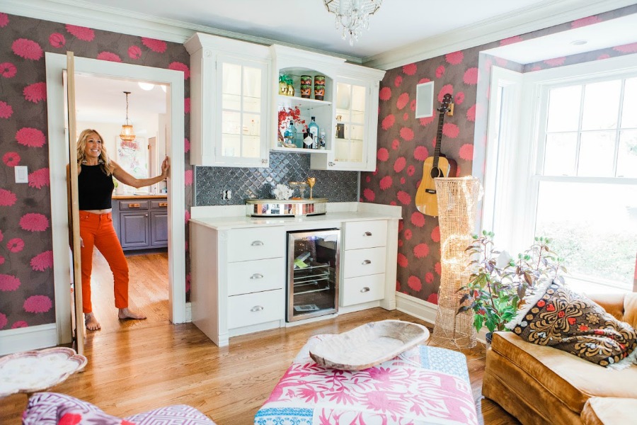 Music room! Be inspired by this photo gallery of vibrant colorful beachy boho interior design from artist Jenny Sweeney's Chicagoland home. Her art has been lifting spirits and opening hearts to wonder - see how it lives large in a charming suburban Tudor!